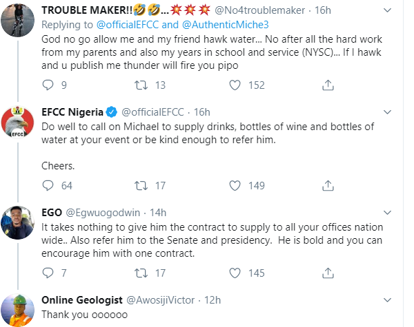 Nigerians Drags EFCC For Celebrating Man Who Dresses In Corporate Attire To Sell Water