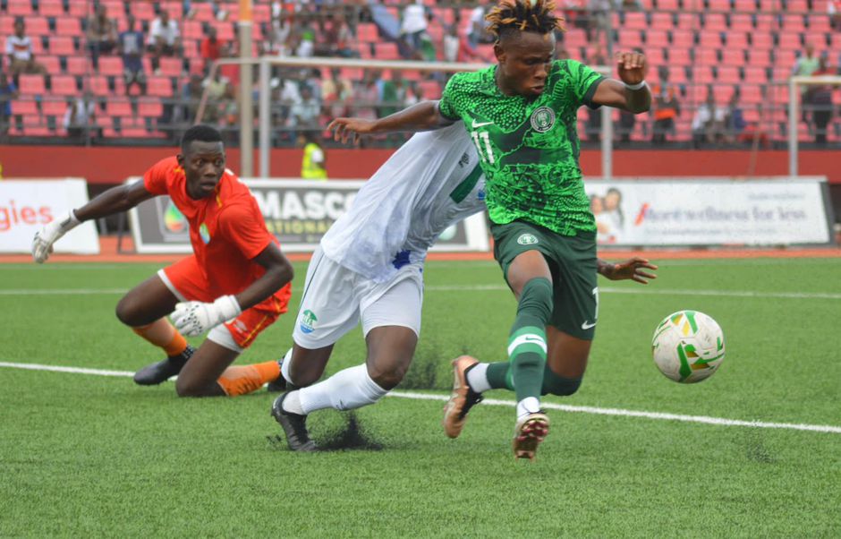 Samuel Chukwueze in action for Nigeria against Sierra Leone