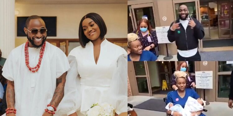 Jubilation as Davido and Chioma step out with their newborn twins for the first time