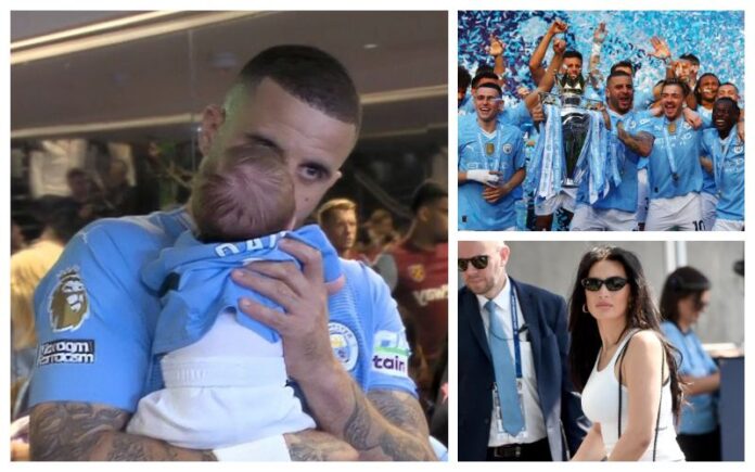 Kyle Walker reveals newborn baby to the world during Man City on-field celebration
